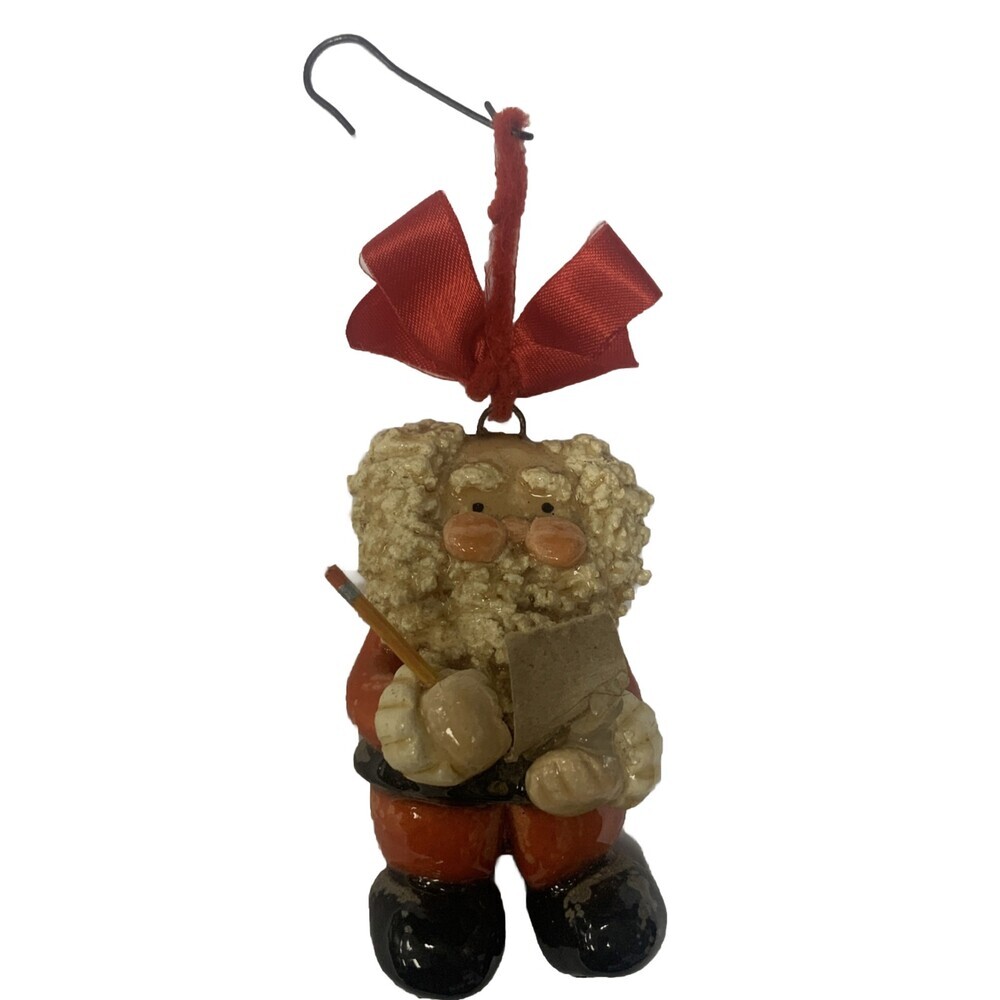 Vintage Santa Checking His List Christmas Ornament Faux Clay 4” X 2”